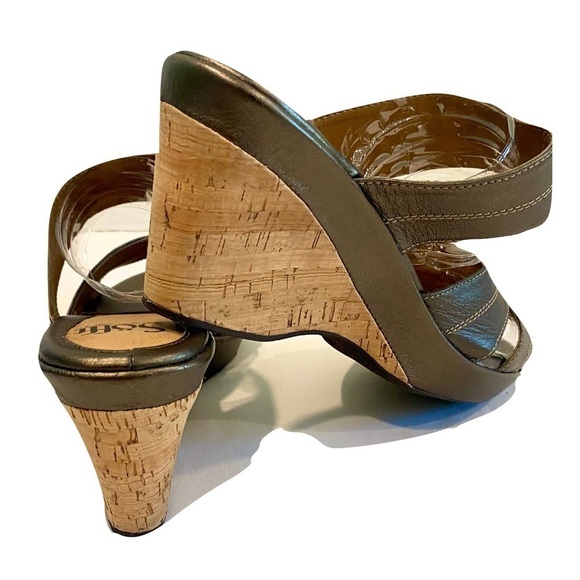 LIKE NEW - SOFT - Pewter Leather & Cork Wedge Two Strap Slip-on Sandals Size 10 - Picture 4 of 9